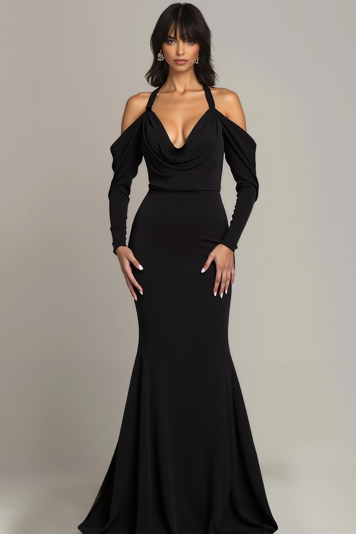 Black Mermaid Maxi Evening Dress with Sleeves