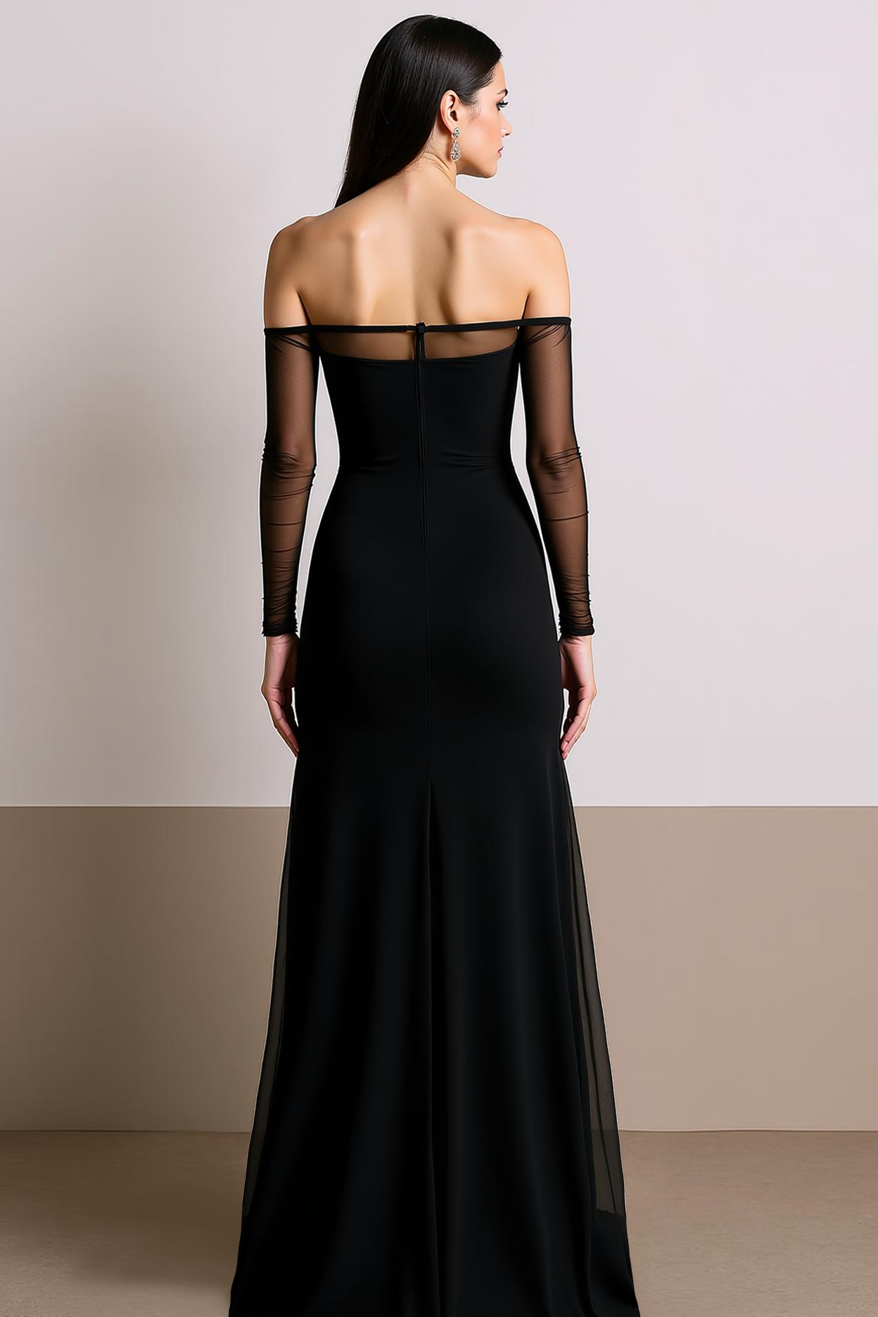 Black Off the Shoulder Chiffon Long Formal Dress with Sleeves