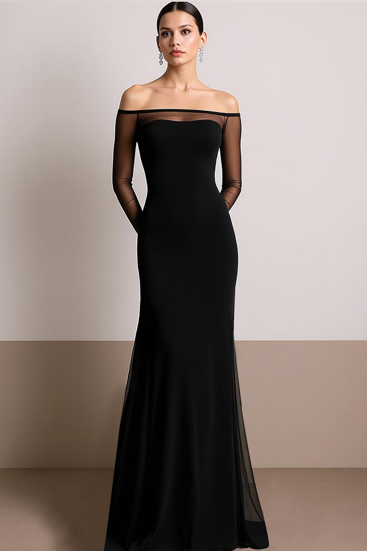 Black Off the Shoulder Chiffon Long Formal Dress with Sleeves
