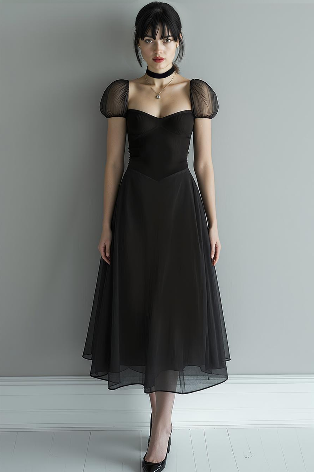 Stylish Black A Line Chiffon Long Formal Dress with Sleeves