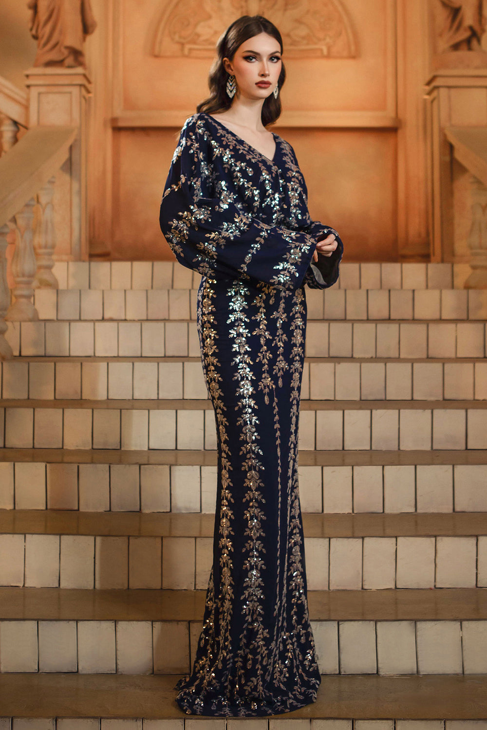 Sparkly Navy Sheath V-Neck Sequins Mother of the Bride Dress with Sleeves