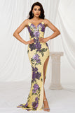 Sparkly Yellow Floral Mermaid Maxi Prom Dress with Slit