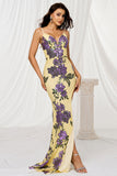 Sparkly Yellow Floral Mermaid Maxi Prom Dress with Slit