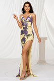 Sparkly Yellow Floral Mermaid Maxi Prom Dress with Slit
