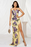 Sparkly Yellow Floral Mermaid Maxi Prom Dress with Slit