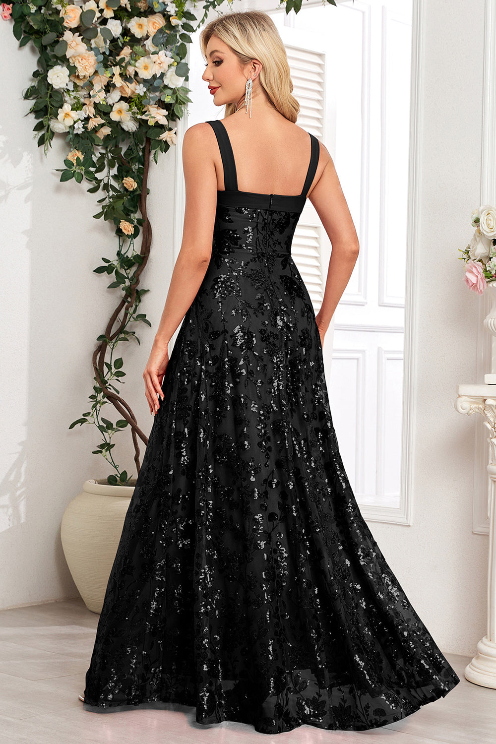 Sparkly Sequin Black A Line Long Prom Dress with Slit