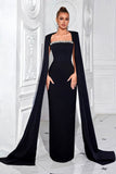 Sparkly Sheath Black Long Prom Dress with Cape