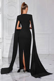 Sparkly Sheath Black Long Prom Dress with Cape