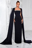 Sparkly Sheath Black Long Prom Dress with Cape