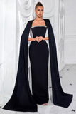 Sparkly Sheath Black Long Prom Dress with Cape