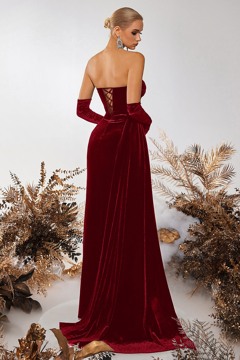 Black Corset Velvet Sheath Strapless Ruched Long Prom Dress with Slit