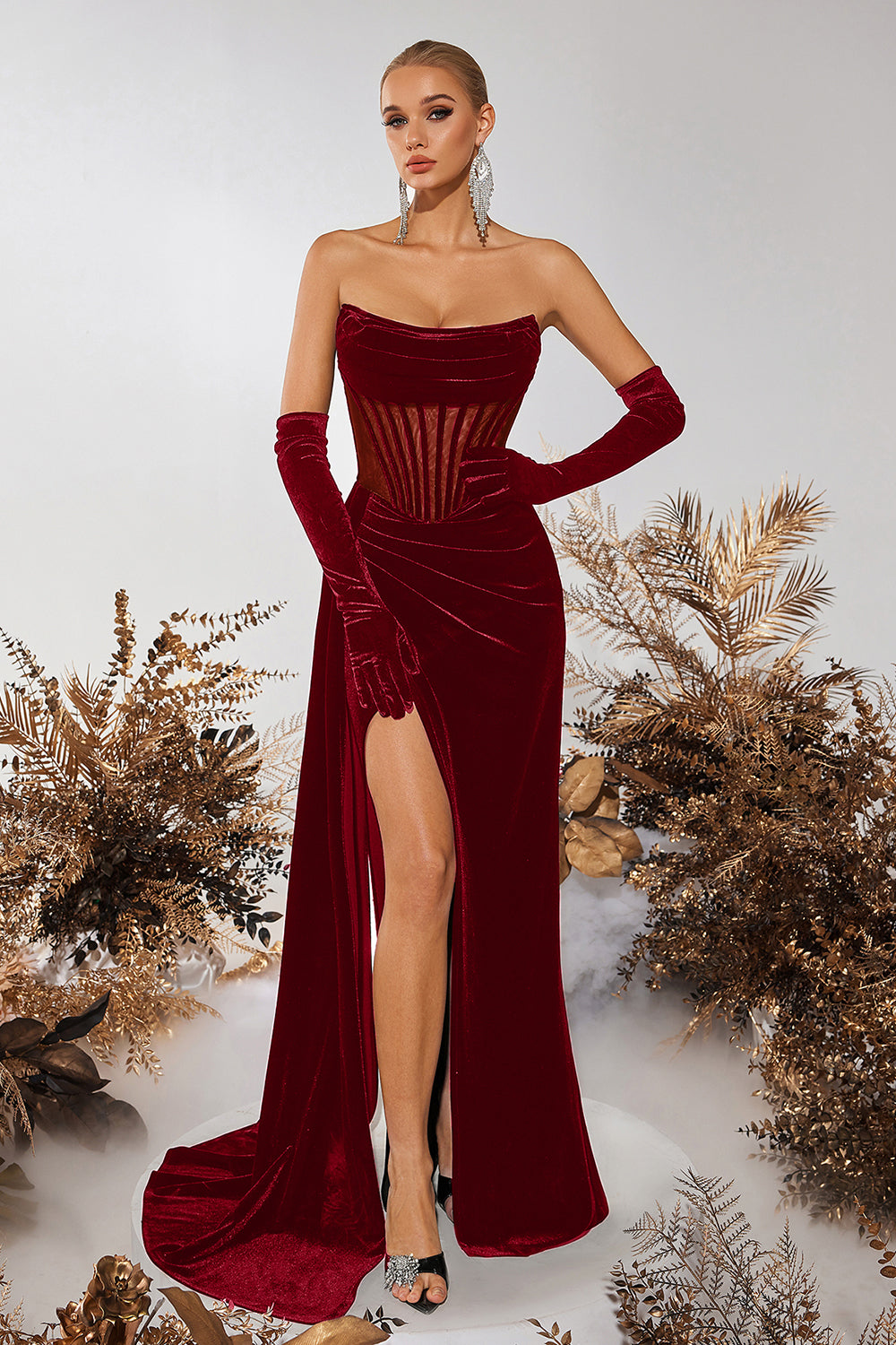 Black Corset Velvet Sheath Strapless Ruched Long Prom Dress with Slit