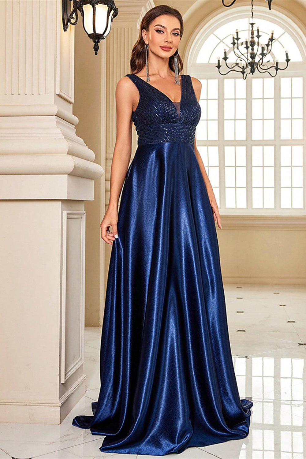 Sparkly Navy A Line V-Neck Long Satin Prom Dress with Beading