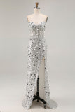 Sparkly Silver Sequin Mermaid Maxi Corset Prom Dress with Slit