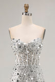 Sparkly Silver Sequin Mermaid Maxi Corset Prom Dress with Slit
