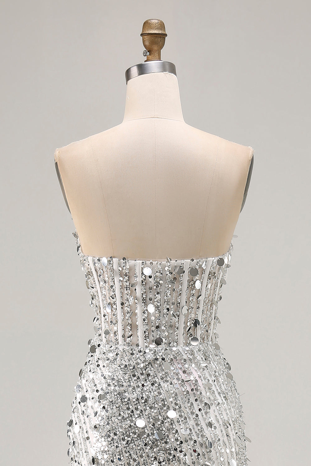 Sparkly Silver Sequin Mermaid Maxi Corset Prom Dress with Slit
