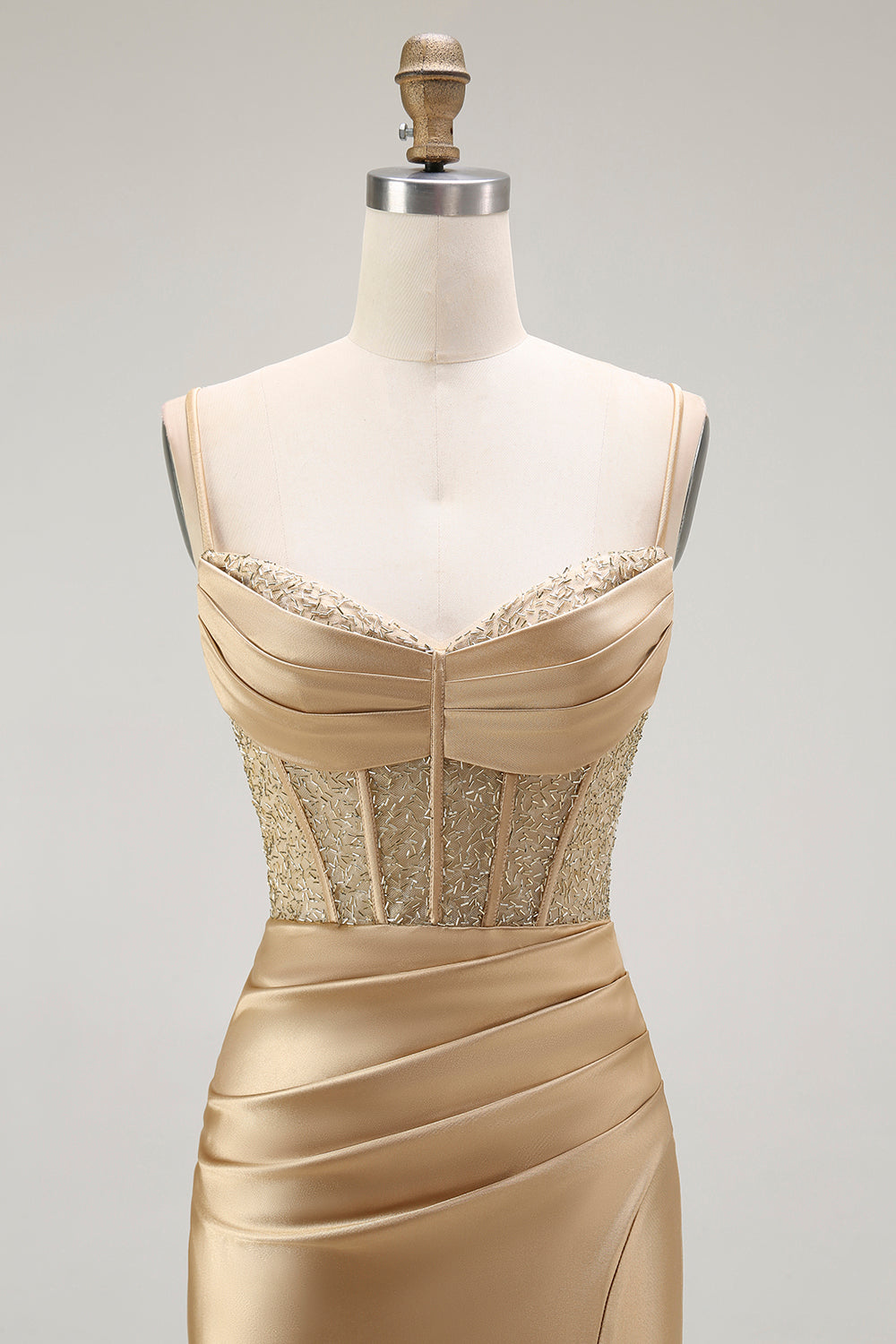 Sparkly Gold Satin Mermaid Maxi Corset Prom Dress with Slit