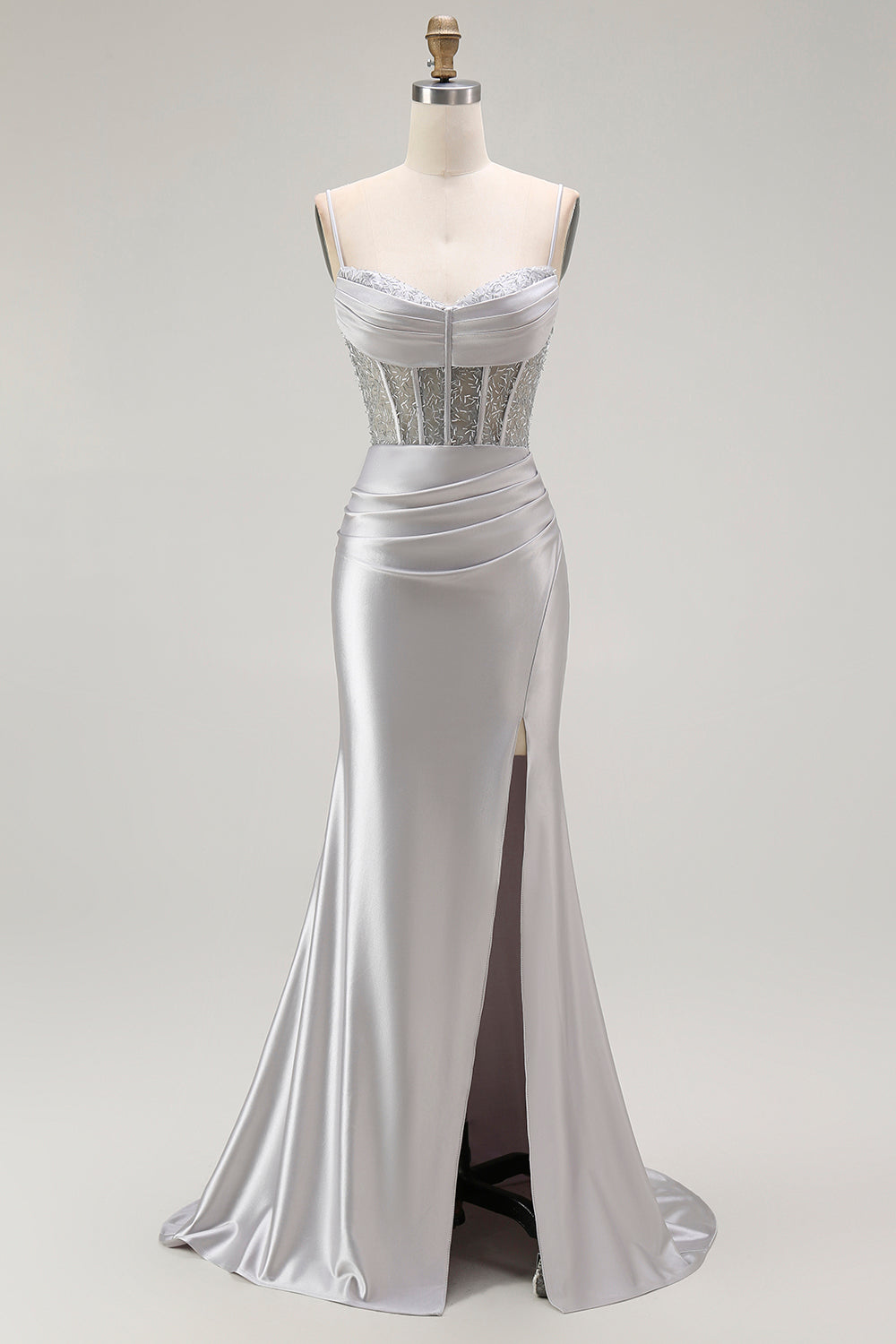 Sparkly Gold Satin Mermaid Maxi Corset Prom Dress with Slit
