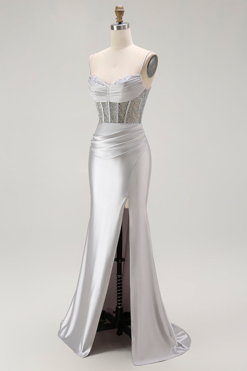 Sparkly Gold Satin Mermaid Maxi Corset Prom Dress with Slit