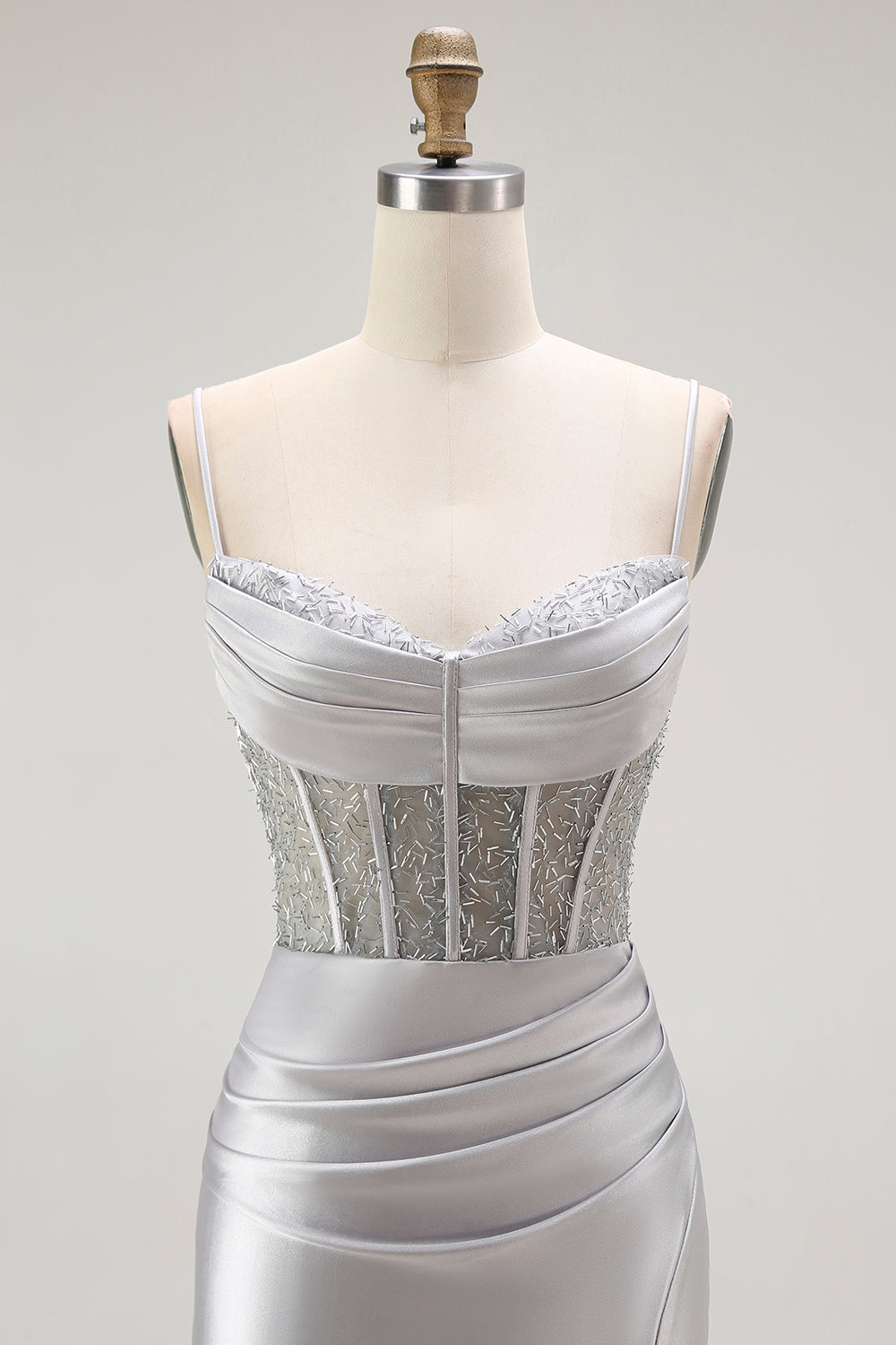 Sparkly Grey Satin Mermaid Long Corset Prom Dress with Slit