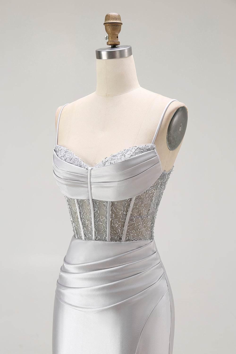 Sparkly Grey Satin Mermaid Long Corset Prom Dress with Slit