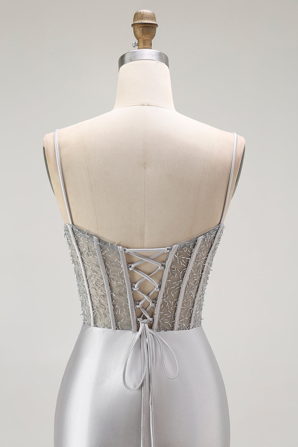 Sparkly Grey Satin Mermaid Long Corset Prom Dress with Slit