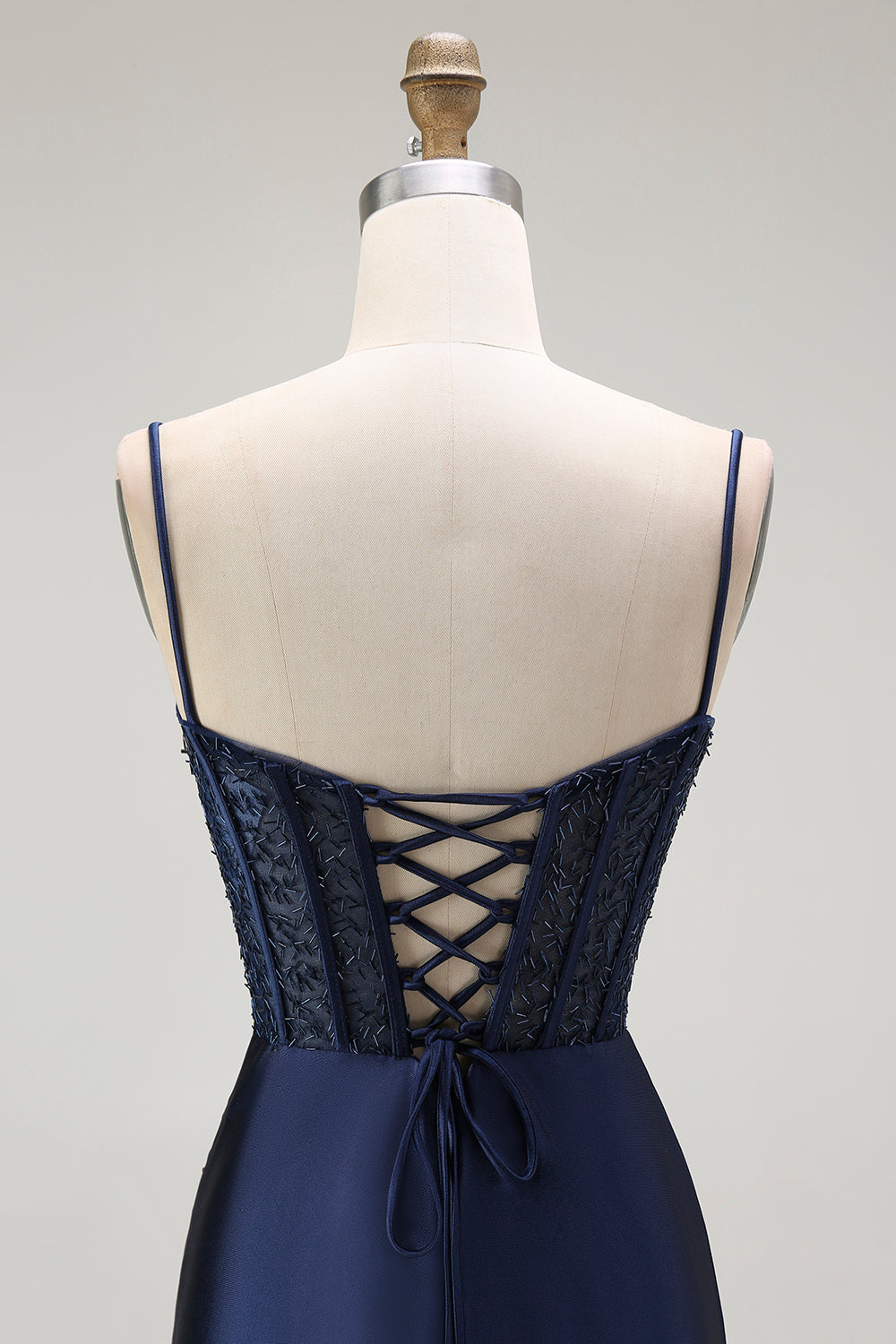 Sparkly Navy Mermaid Satin Long Corset Prom Dress with Beading