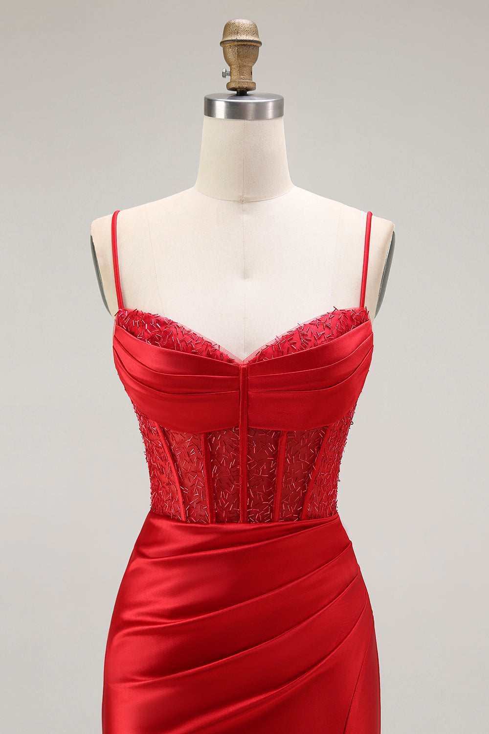 Sparkly Red Satin Ruched Maxi Corset Prom Dress with Slit