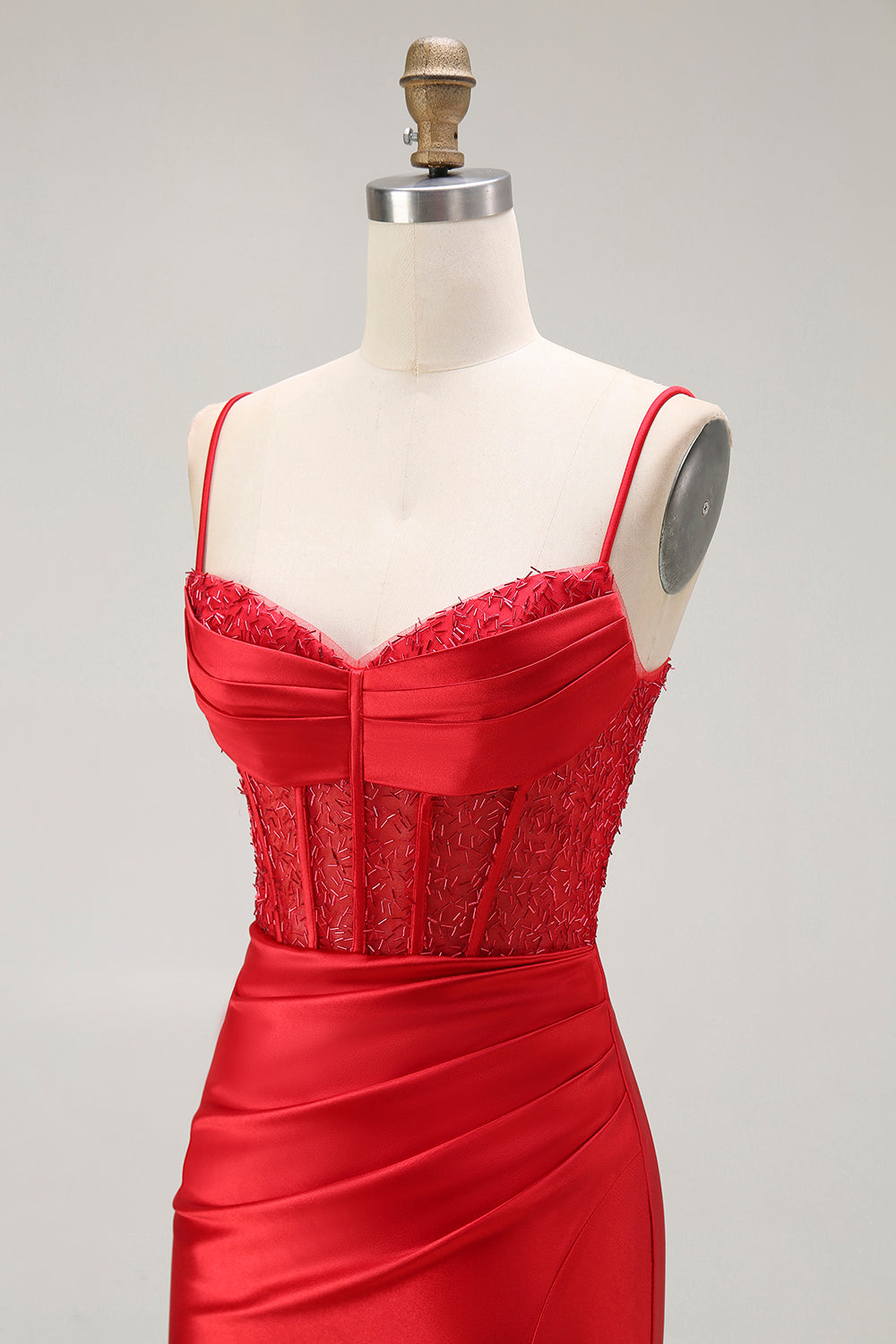Sparkly Red Satin Ruched Maxi Corset Prom Dress with Slit