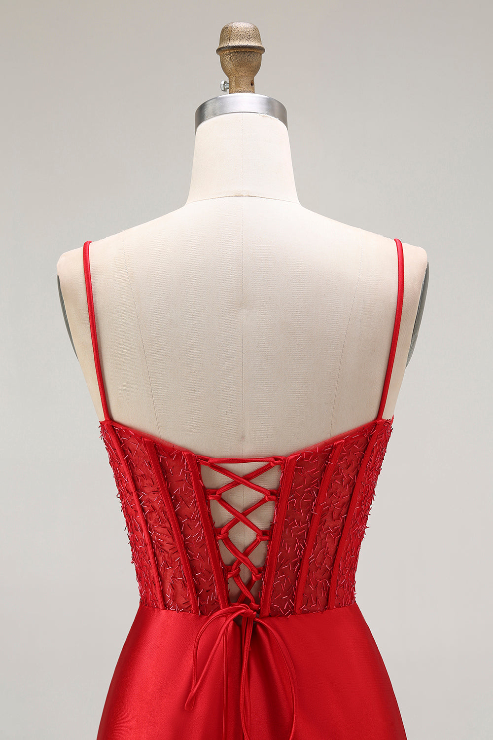 Sparkly Red Satin Ruched Maxi Corset Prom Dress with Slit