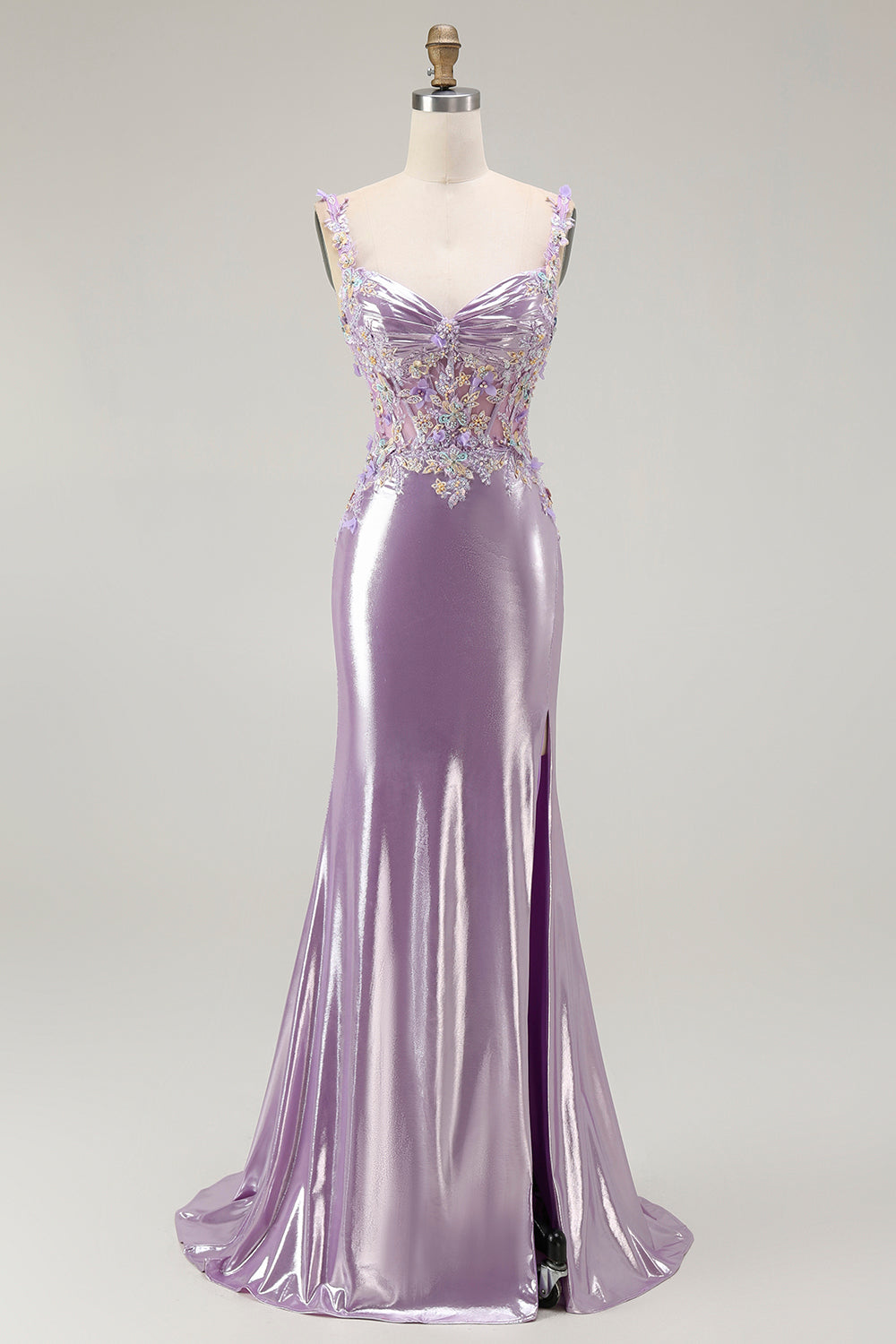 Sparkly Lilac Mermaid Floral Maxi Prom Dress with Slit