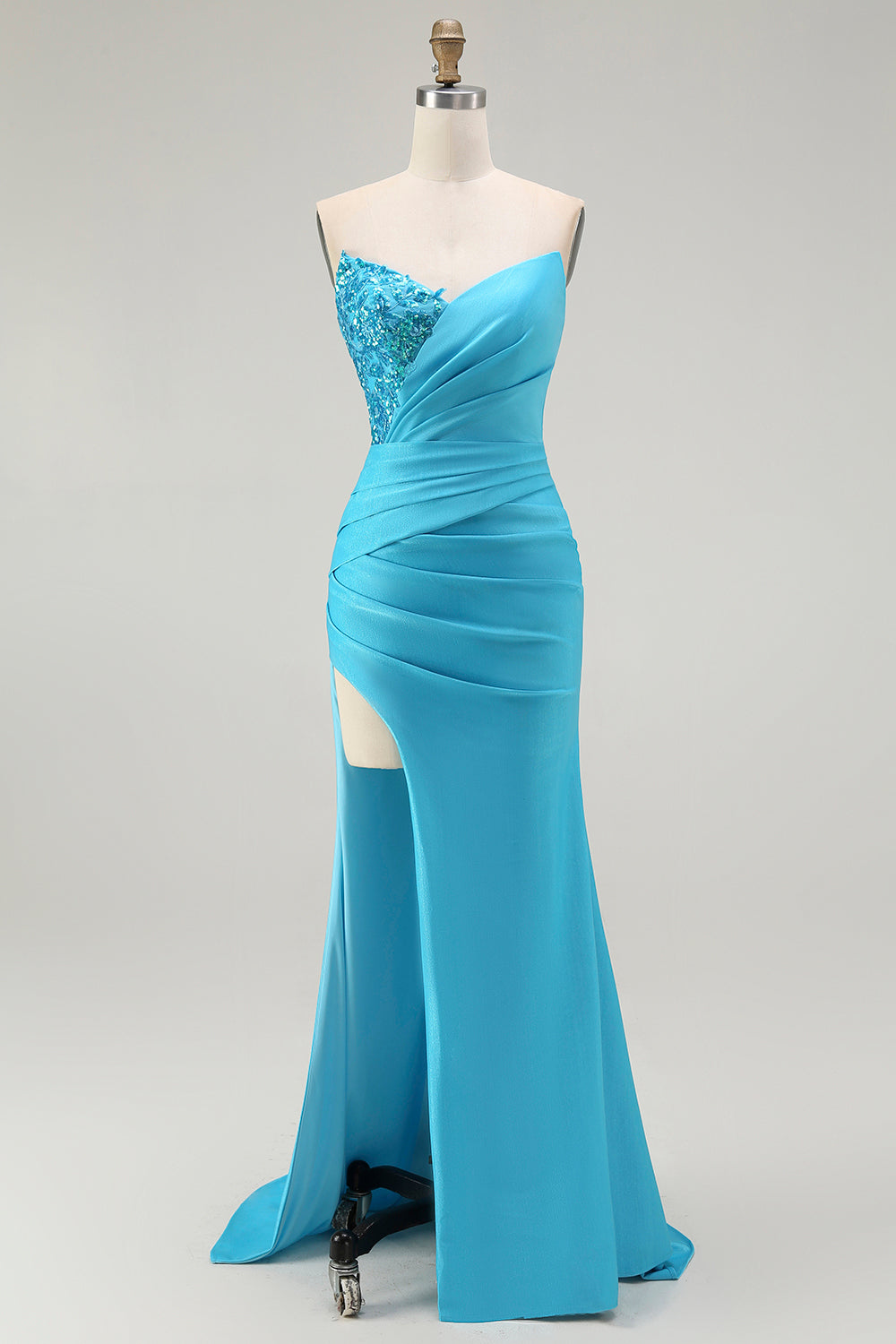 Sparkly Blue Mermaid Ruched Satin Long Prom Dress with Slit