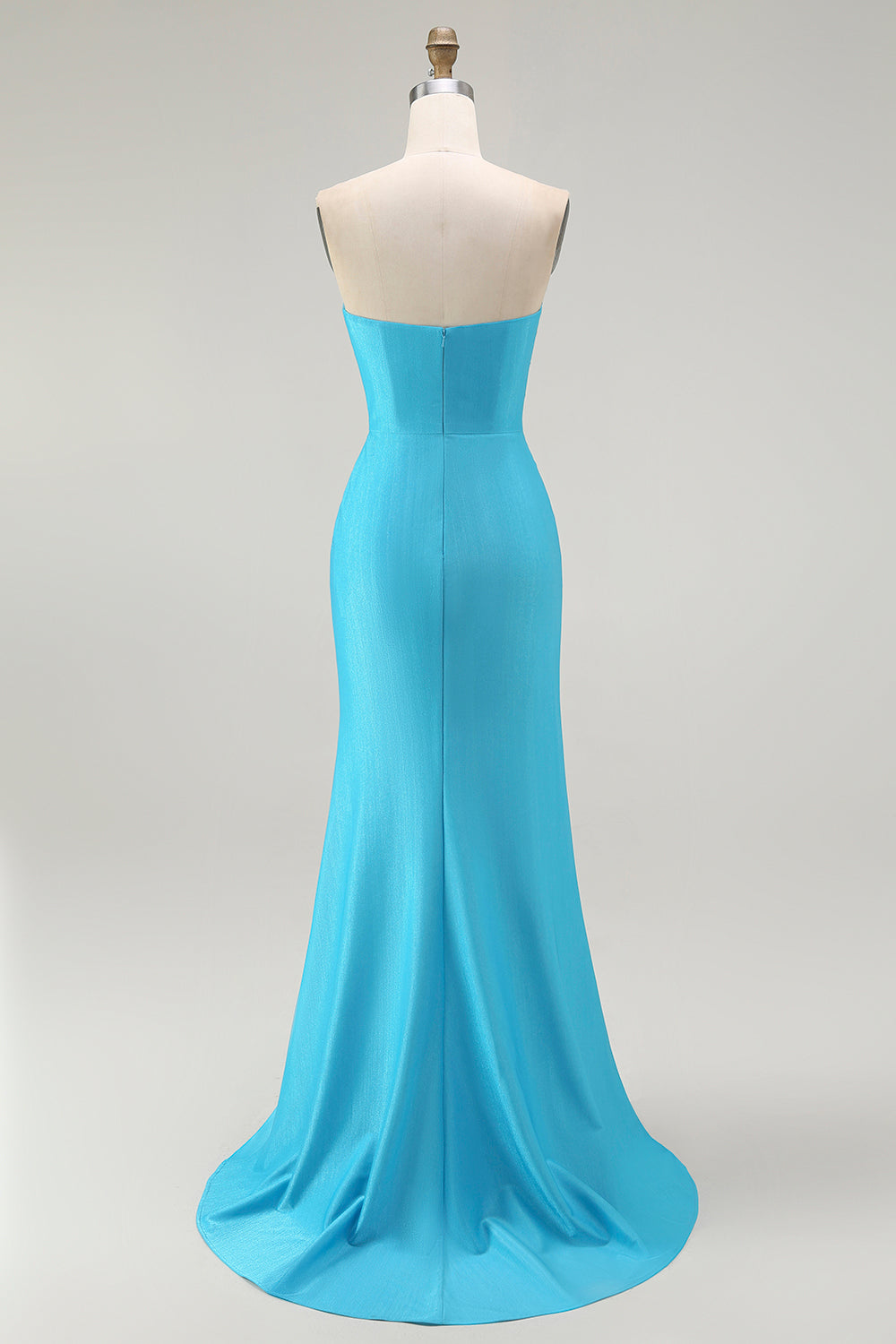 Sparkly Blue Mermaid Ruched Satin Long Prom Dress with Slit