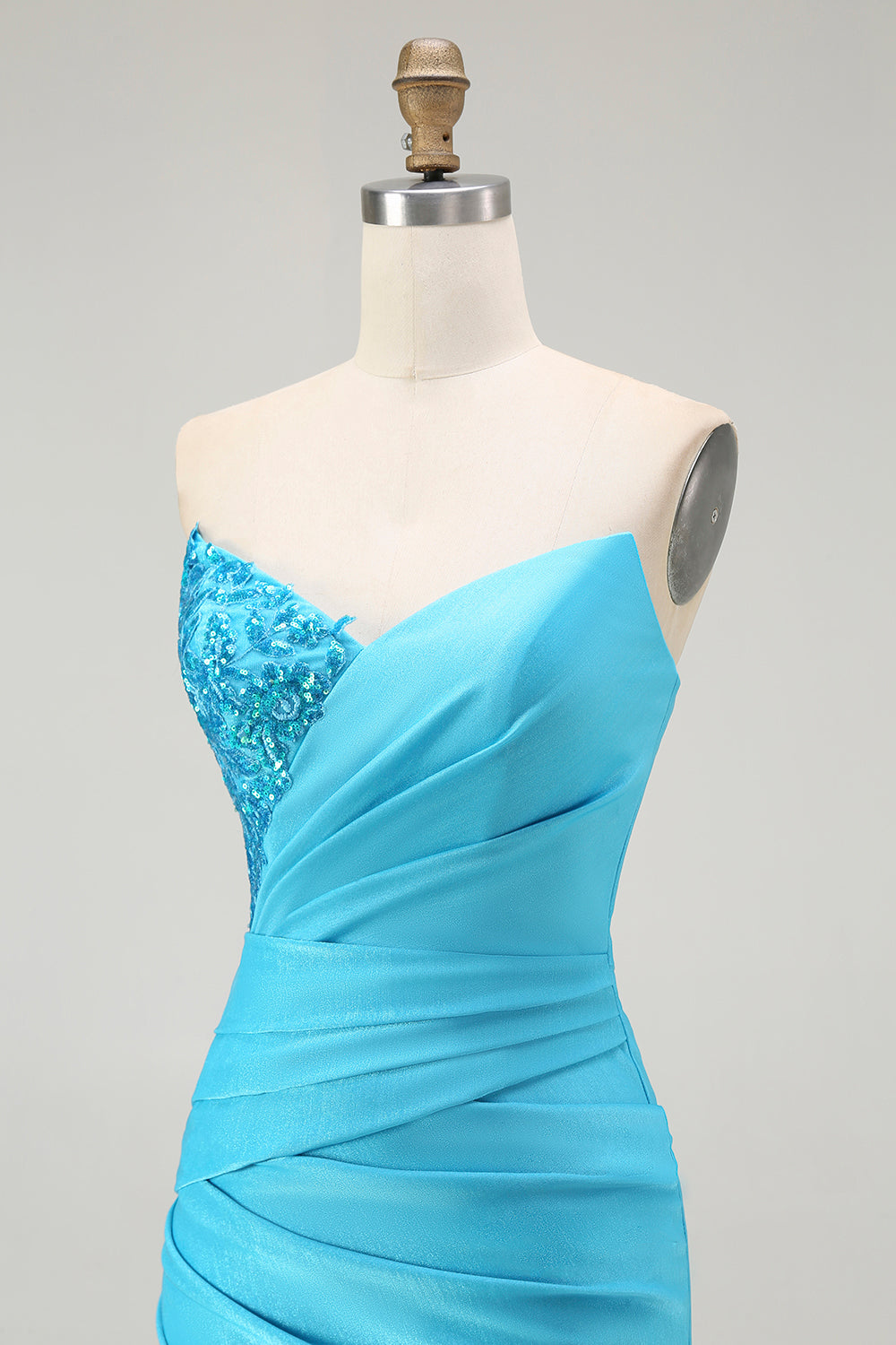 Sparkly Blue Mermaid Ruched Satin Long Prom Dress with Slit