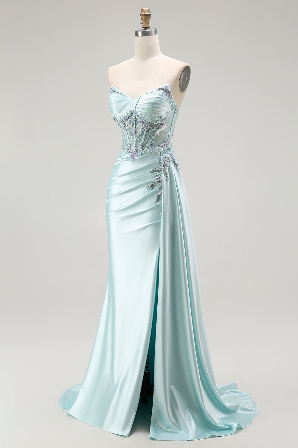 Sparkly Light Green Corset Floral Long Prom Dress with Slit