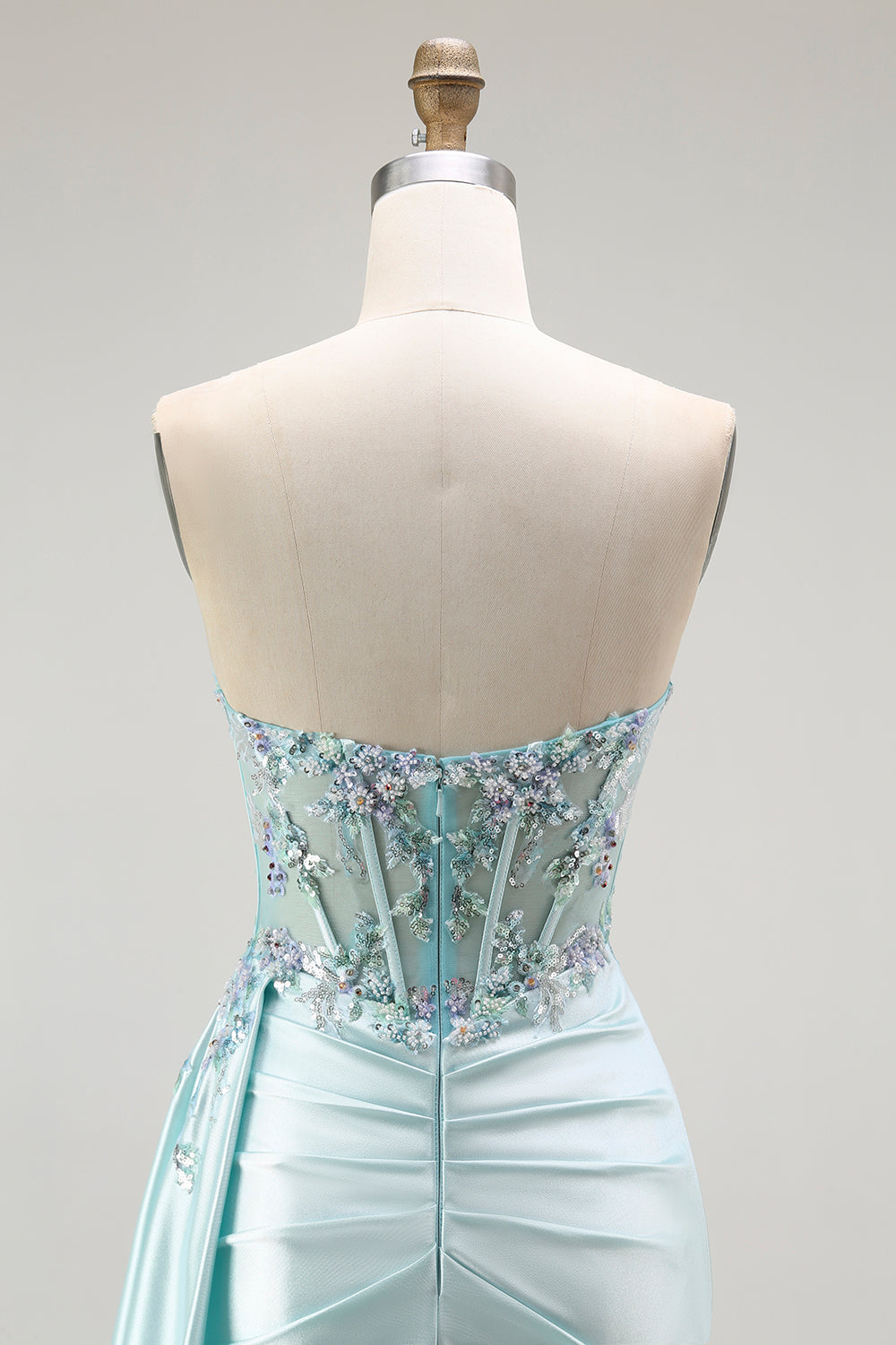 Sparkly Light Green Corset Floral Long Prom Dress with Slit