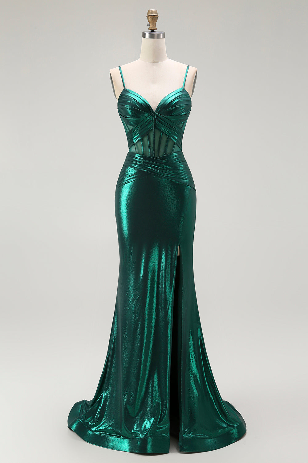 Dark Green Metallic Corset Mermaid Long Prom Dress with Slit