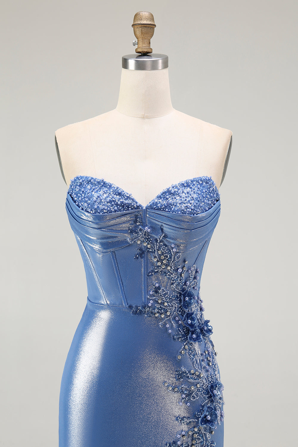 Sparkly Blue Corset Sweetheart Floral Beaded Long Prom Dress with Slit