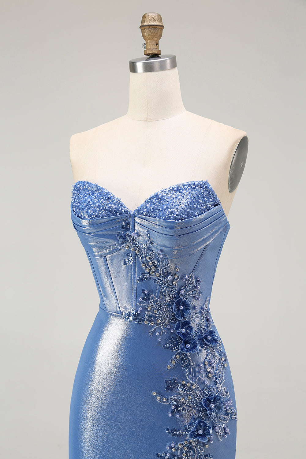 Sparkly Blue Corset Sweetheart Floral Beaded Long Prom Dress with Slit