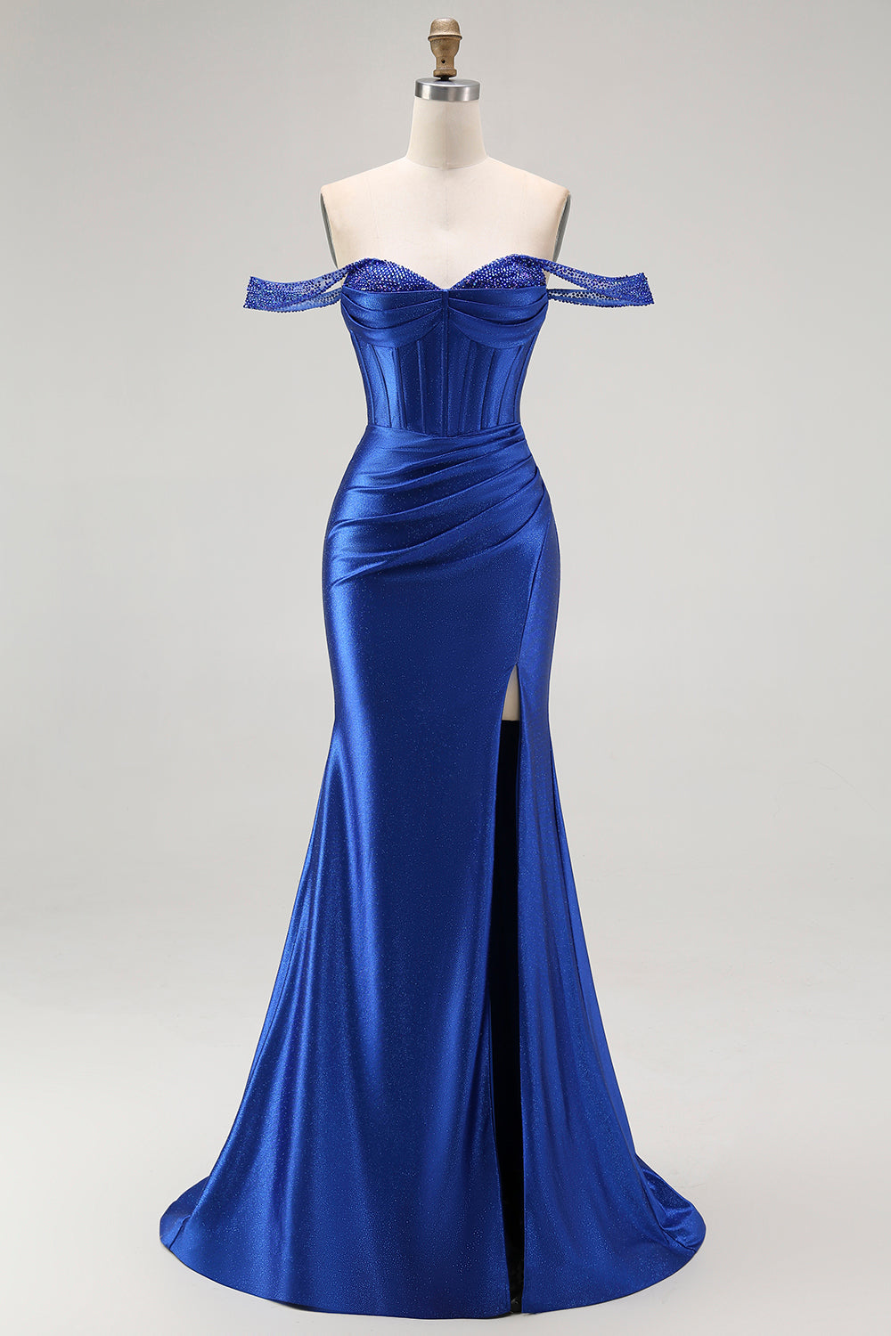 Sparkly Royal Blue Off the Shoulder Corset Long Prom Dress with Slit
