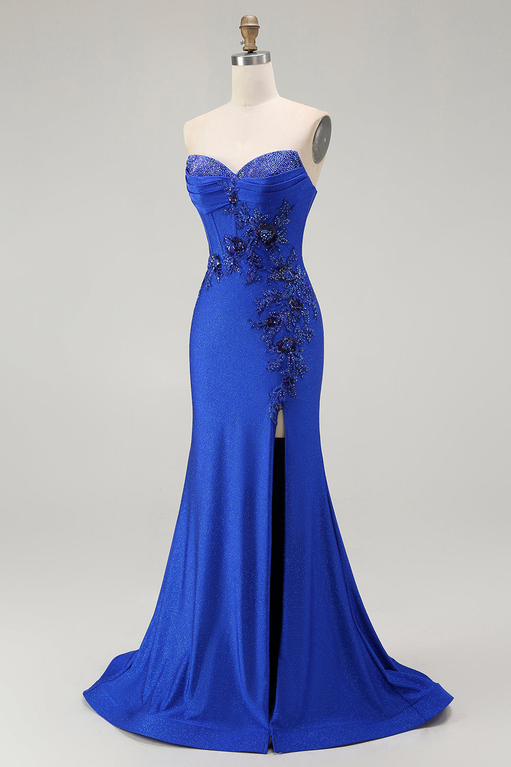 Sparkly Royal Blue Corset Mermaid Floral Maxi Prom Dress with Beading