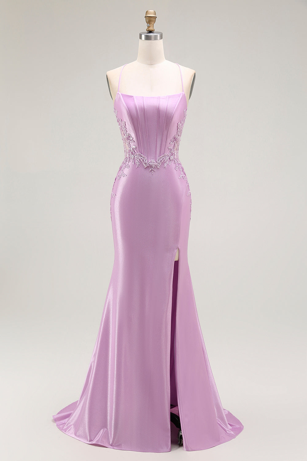 Purple Mermaid Appliqued Corset Long Prom Dress with Slit