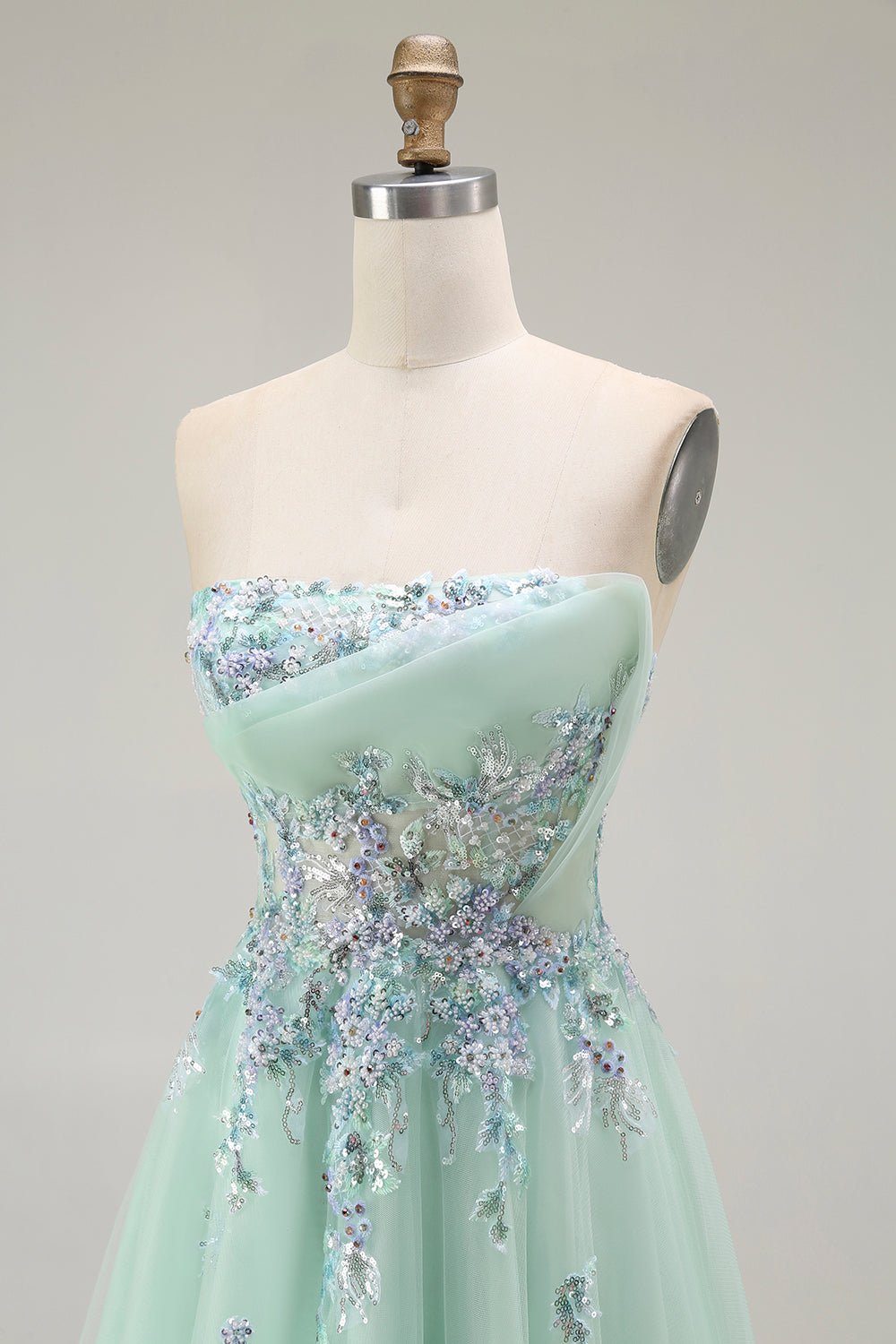 Green Strapless Floral A Line Long Prom Dress with Appliques