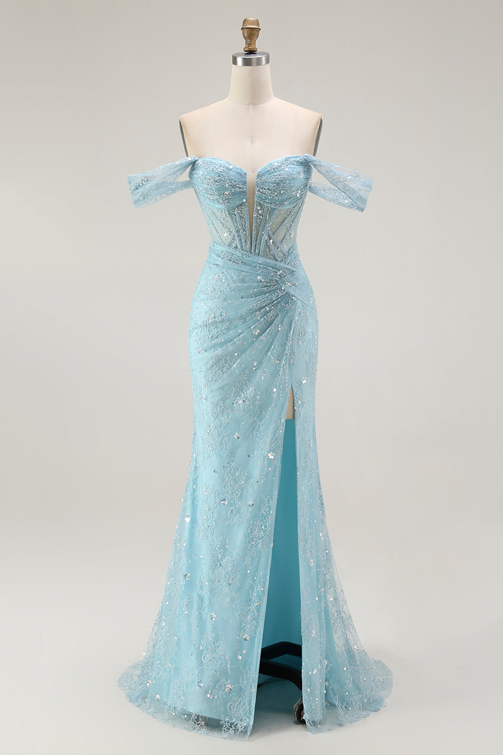 Sparkly Blue Mermaid Corset Off the Shoulder Long Prom Dress with Slit