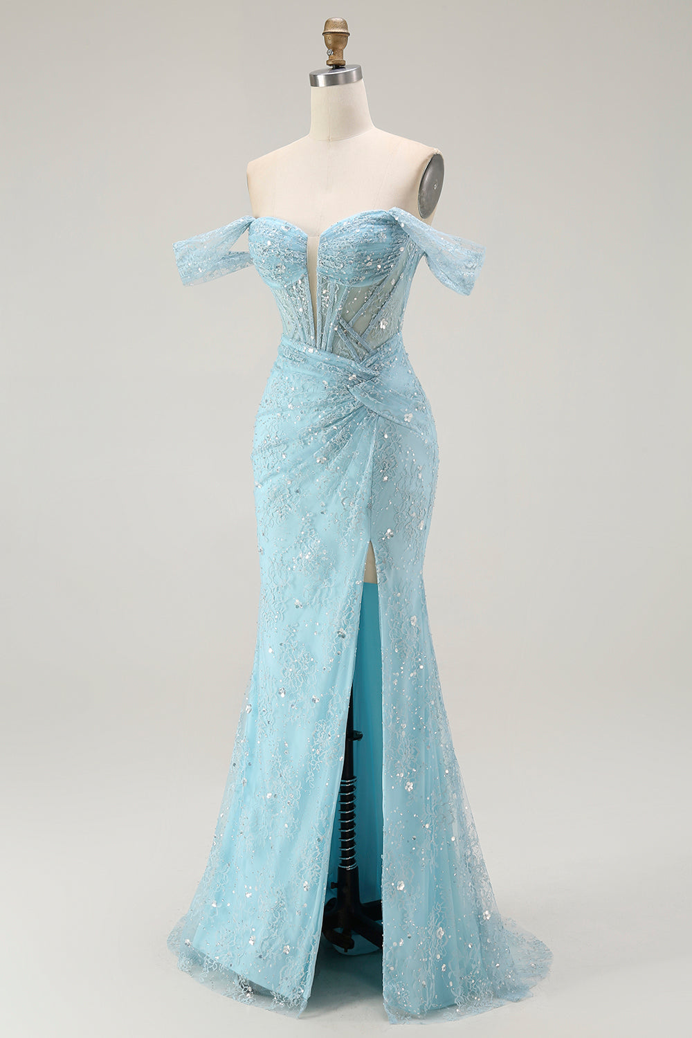 Sparkly Blue Mermaid Corset Off the Shoulder Long Prom Dress with Slit