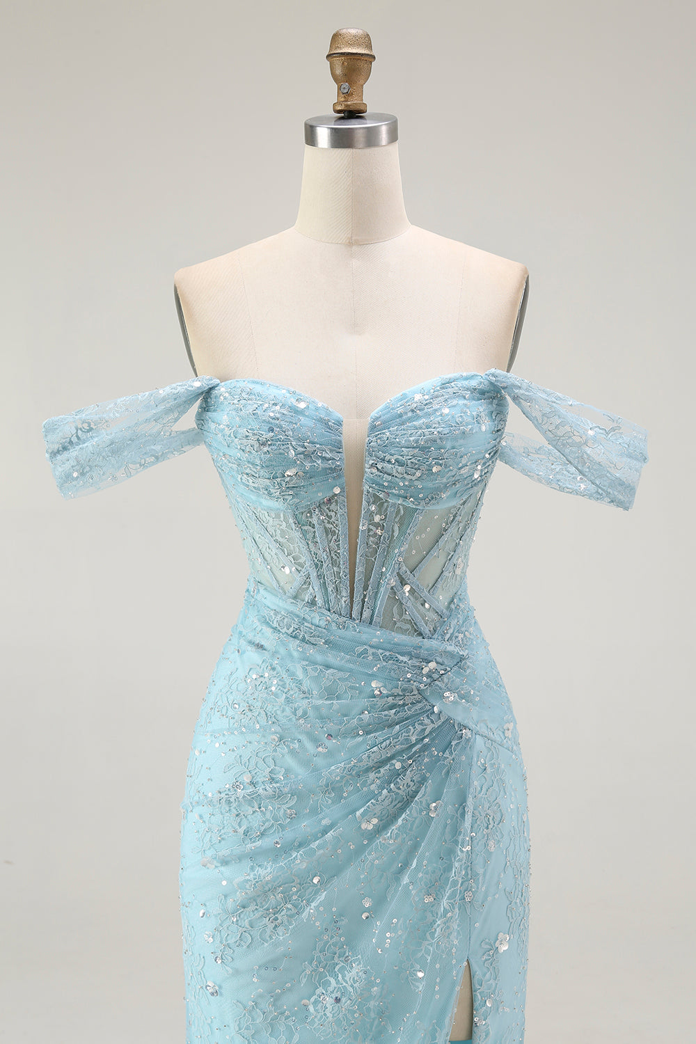Sparkly Blue Mermaid Corset Off the Shoulder Long Prom Dress with Slit