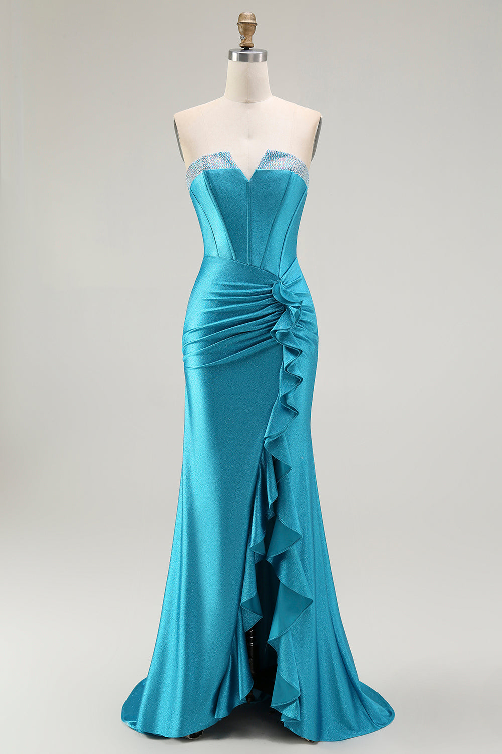Sparkly Blue Strapless Mermaid Corset Long Prom Dress with Ruffles