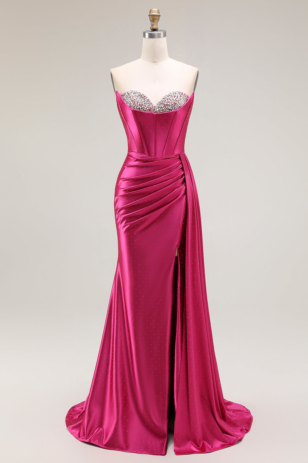 Sparkly Fuchsia Mermaid Corset Strapless Ruched Long Prom Dress
