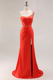 Orange Mermaid Long One Shoulder Ruched Prom Dress with Slit