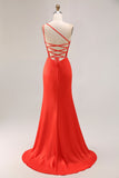 Orange Mermaid Long One Shoulder Ruched Prom Dress with Slit